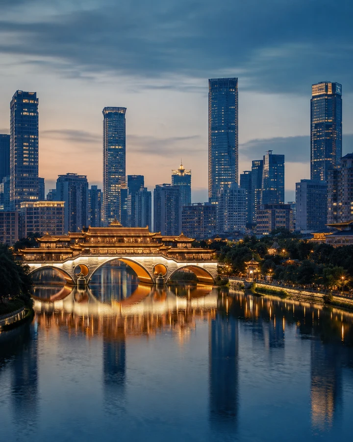 Anshun Bridge and the Chengdu skyline at dusk