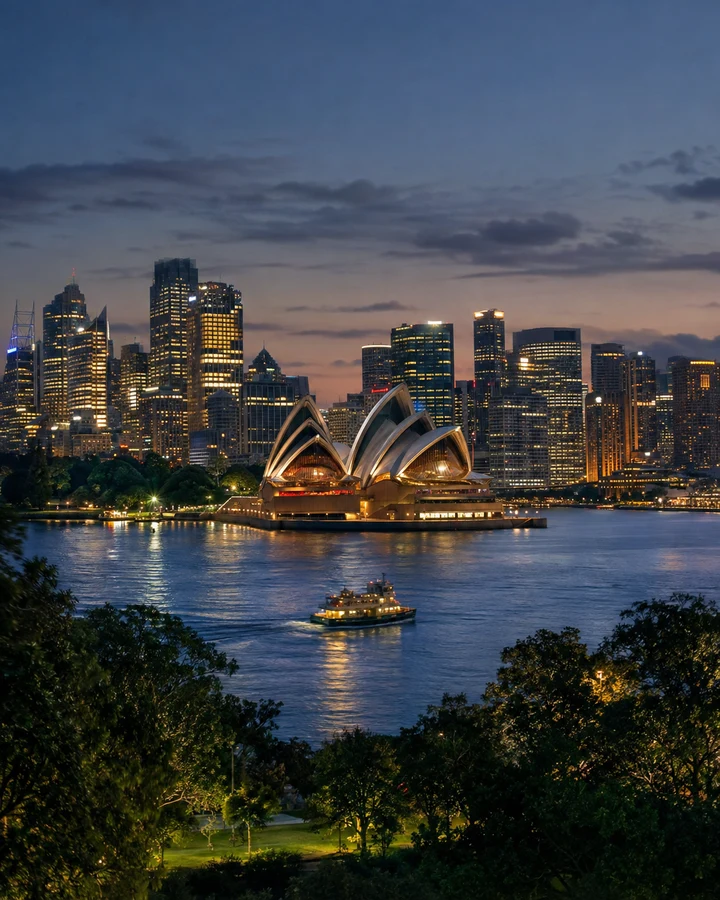 Sydney Harbour and the Opera House at dusk