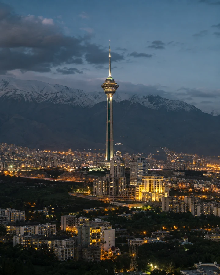 Milad Tower and the Tehran skyline at dusk